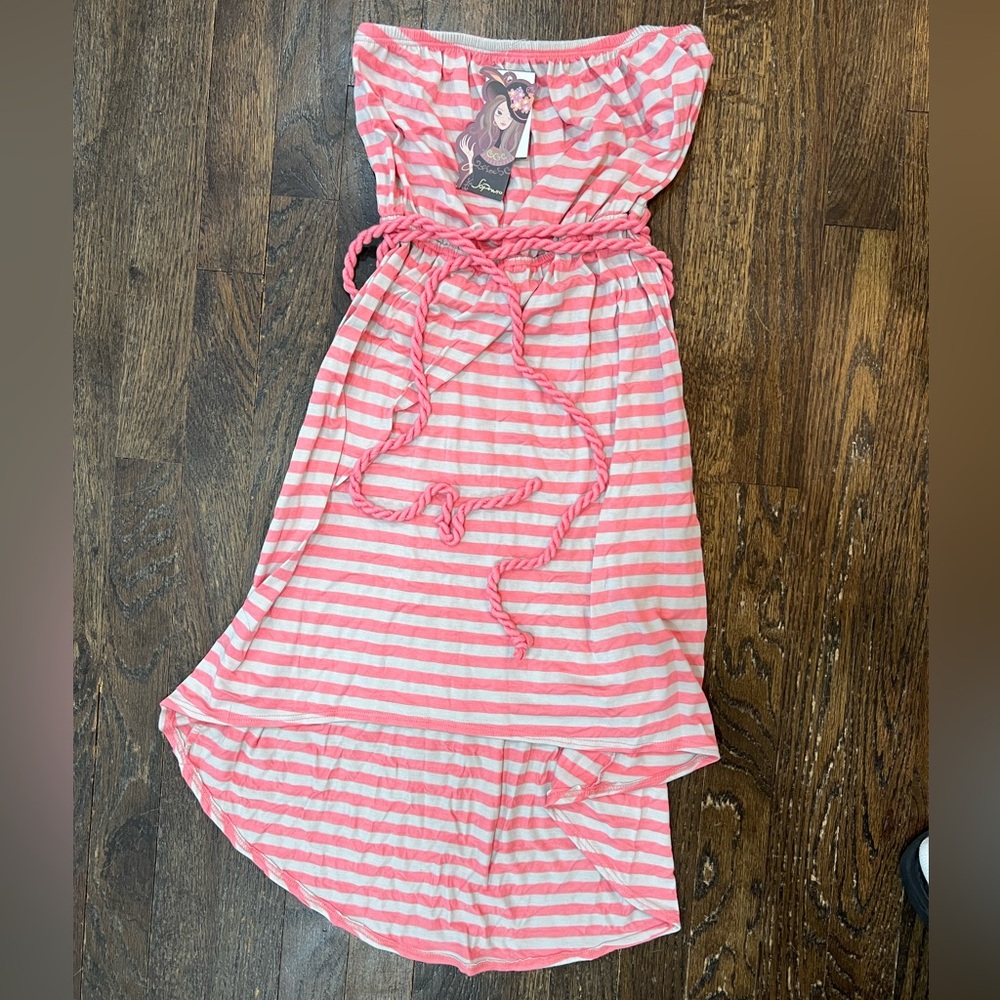 NWT- Soprano Pink & Grey High Low Striped Strapless Dress